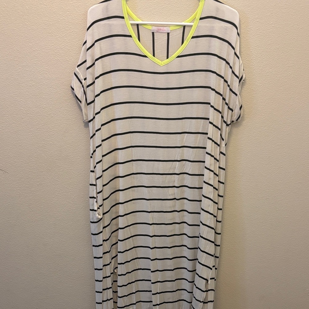 Striped Maxi Dress with Neon Trim - White/Black